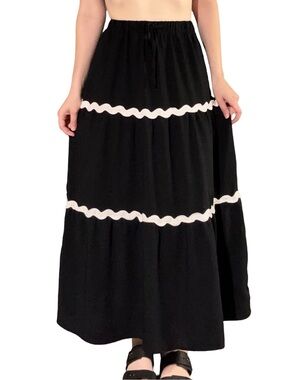 Black High Waisted Tiered Maxi Skirt with White Squiggle Accents